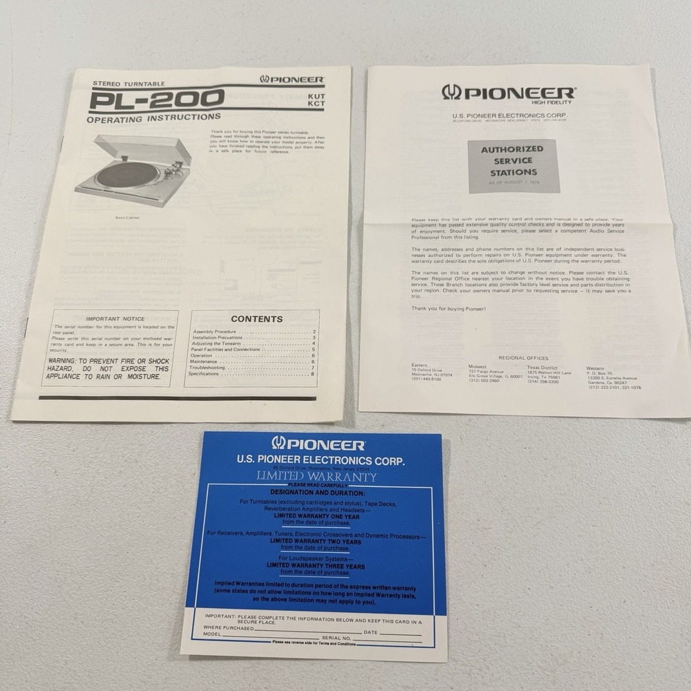 Pioneer PL-200 Operating Instructions Stereo‎ Turntable Record Player Manual